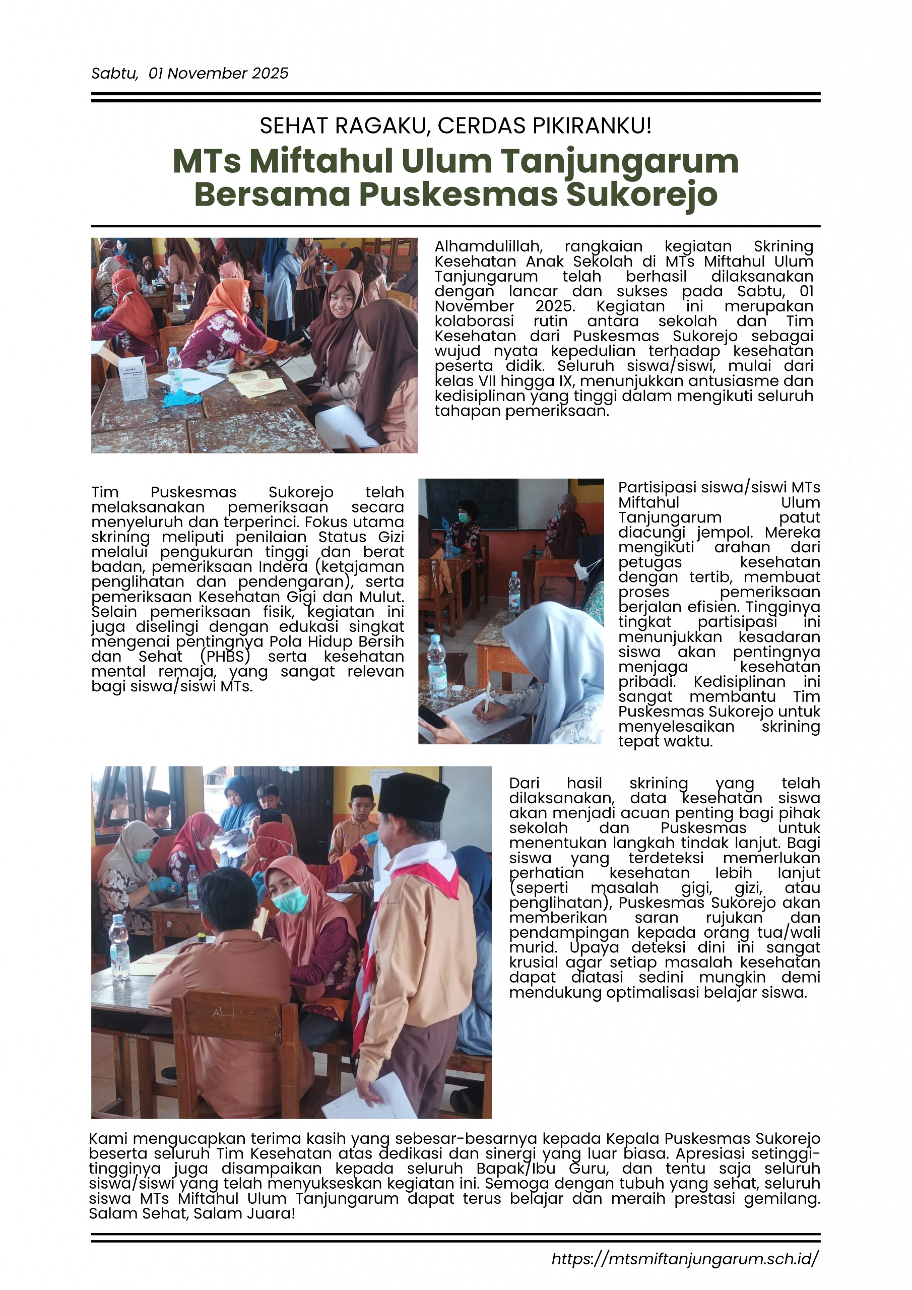 Buletin Madrasah - Skrining Kesehatan Bersama Puskesmas Sukorejo